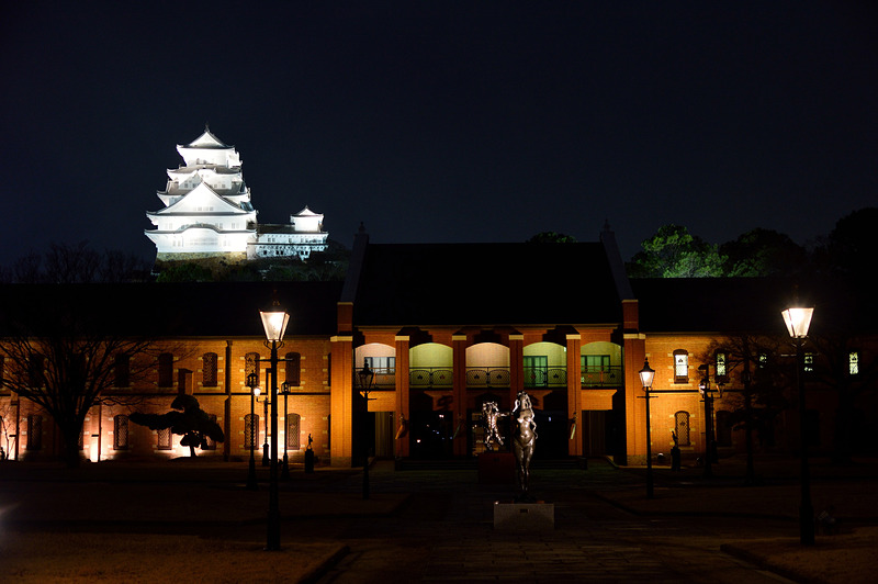 姫路市立美術館と姫路城（ライトアップ）