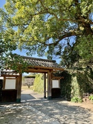 岡山神社の前にある門と石垣…