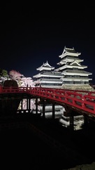 水鏡の松本城と、赤い橋に桜がとても綺麗…