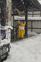 大雪の日のひこにゃんと博物館入口…