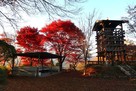 久米ヶ城 夕暮れの櫓風展望台と紅葉…