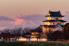 朝焼けの模擬天守と富士山…