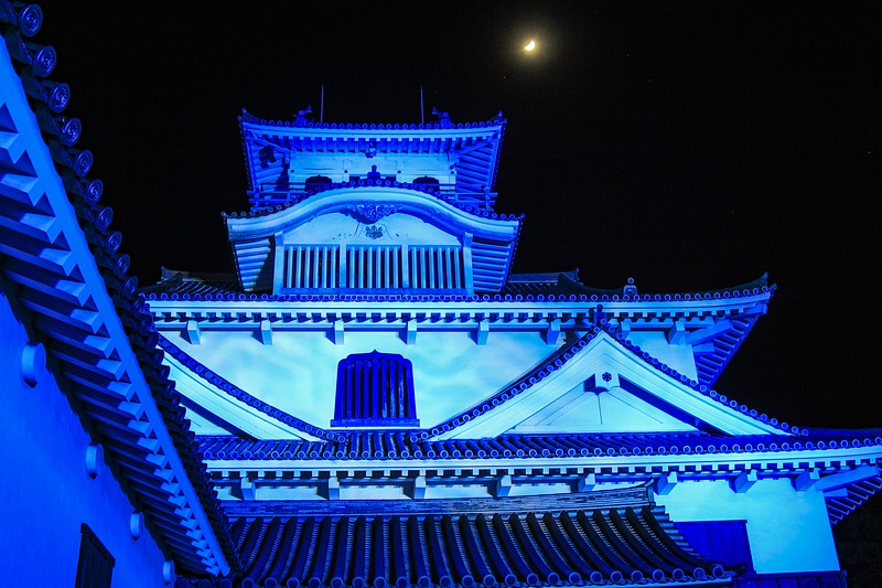 攻城団 長浜城の写真 ブルーライトアップと上弦の月 １日前