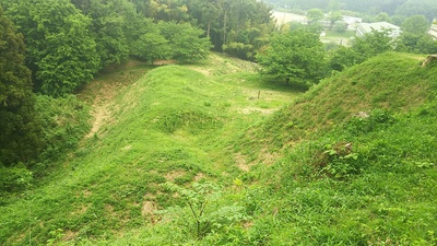 東三の郭から見る長大な空堀（左）
