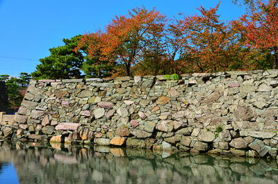 カラフルな多聞櫓跡石垣と桜葉
