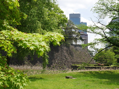 乾通りから新緑の富士見櫓をみる