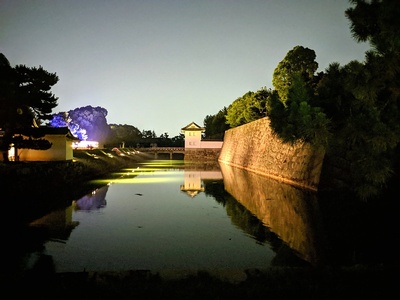 夜の内堀と本丸櫓門