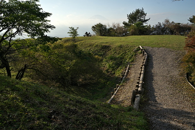 本曲輪から見た二の曲輪と堀切、富士山