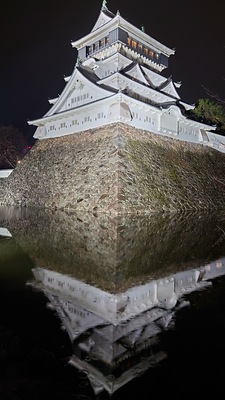 ライトアップされた天守と水堀に映る逆さ天守