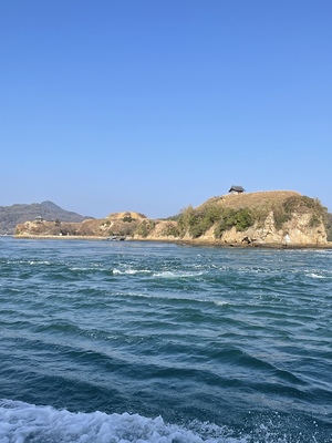 クルーズ船からの鯛崎島(右)、能島(左)の眺め