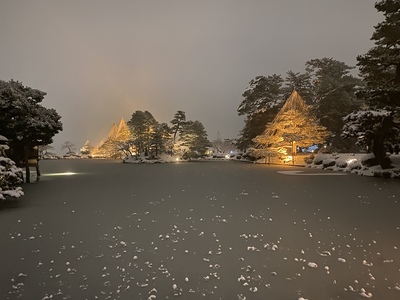 兼六園ライトアップ冬の段 雪化粧の霞ヶ池とライトアップされた雪吊り