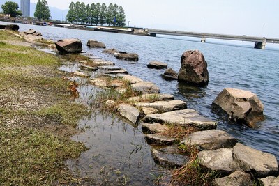 湖水に浸かる石垣の列