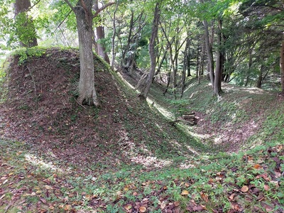 中館（左側）を囲む2重の土塁