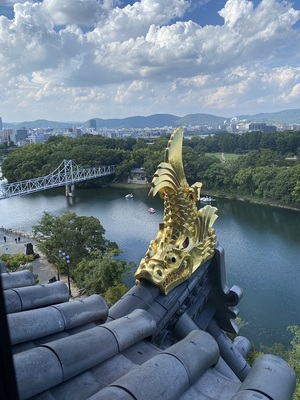 岡山城本丸の金鯱。月見橋と後楽園を添えて