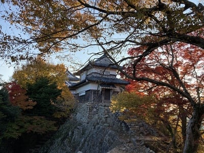 秋の夕暮れの山城