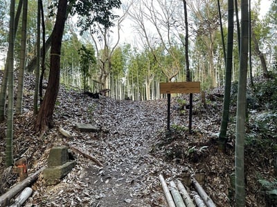 主郭前の案内板と土塁の競り上がり