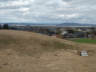 串田新遺跡から守山城跡（右奥の山）を見る
