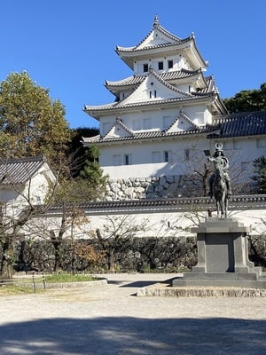 城西広場から天守と戸田氏鉄公銅像