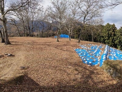 天守郭からの本丸(東側から)右側が発掘調査中のカバー