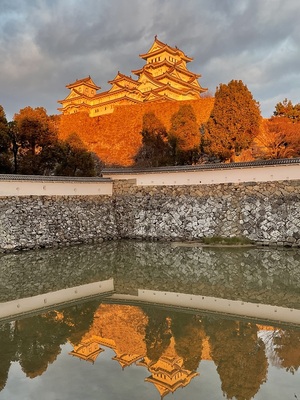 夕陽をあびた城が三国堀に映る