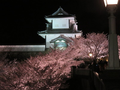 春の夜に浮かび上がる石川櫓と桜