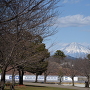 発掘調査現場と富士山